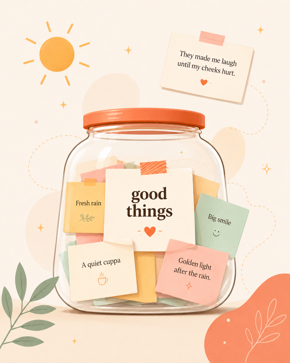 An illustrated Happy Jar filled with colourful notes about everyday good things.